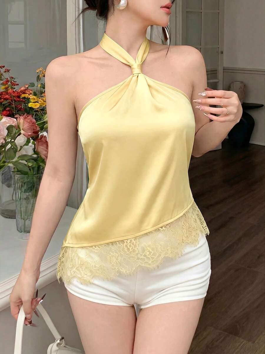 abyoxi 女款黃色細肩帶蝴蝶結蕾絲拼接不對稱下擺短版上衣，復古甜美風，適合海邊度假、日常出遊、約會、生日派對等，夏季上衣 - 鵝黃色 - 查看 1