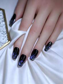 10pcs Premium Handmade Short Coffin Press On Nails Gothic False Nails With Black Gradient With Peacock Blue Iridescent Glitter Rhinestone Reusable Fake Nail Tips For Women - Black - View 4