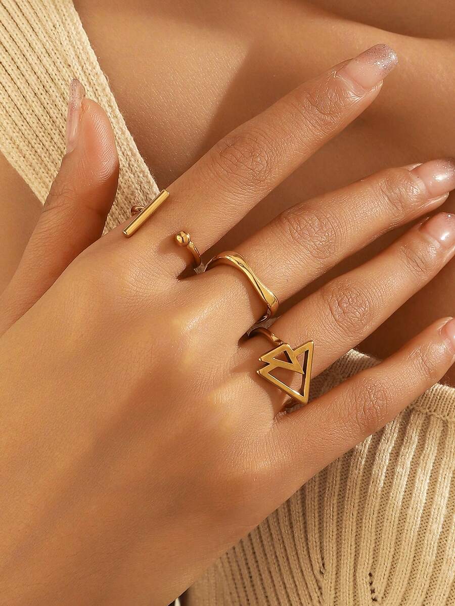 3pcs Gold-Plated Minimalist Geometric Open Bangle & Ring Set, Hollow Triangle, Bar And Twisted Adjustable Stacking Rings, Women's - Gold - View 1