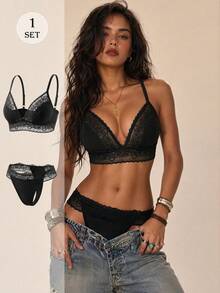 1 Set Women's Floral Lace Underwire Triangle Cup Bra - Black - View 1