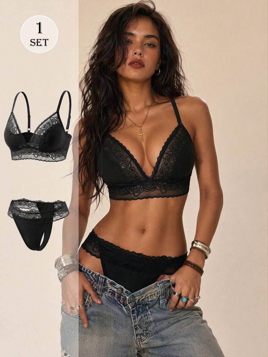 1 Set Women's Floral Lace Underwire Triangle Cup Bra - Black - View 1