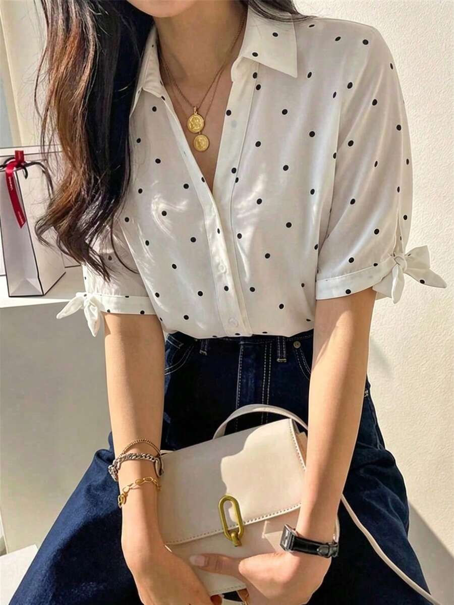 New Spring/Summer Dopamine Color Cute Peter Pan Collar Puff Long Sleeve Shirt Top For Women, Polka Dot, Suitable For Outings