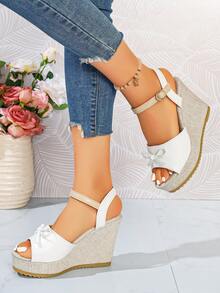 Plus Size Women's Retro Solid Color Buckle Wedge Platform Sandals - White - View 2