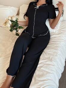 女款蝴蝶結領短袖長褲四件式睡衣套裝，居家服裝，適合春夏秋季，亦適用於戶外穿著 - 黑色 - 查看 2