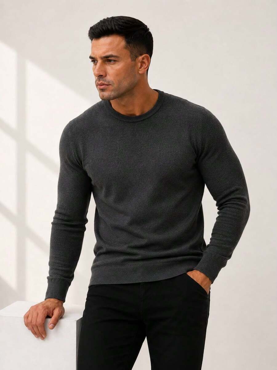 Men's Basic Knitting Sweater Round Neck Long Sleeve - Dark Grey - View 1