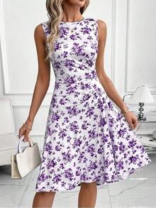 Clasi Summer Elegant Office Lady Comfortable Round Neck Sleeveless Ruched Waist Fitted Dress Women,Summer Dresses Women - 紫色 - 查看 3