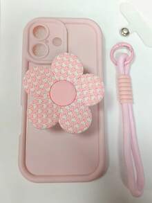 Pink Floral Vertical Phone Case With Lanyard, Compatible With IPhone 16 15 14 13 12 Pro Max - Plaid Pattern Soft Silicone Shockproof Case - Multicolor - View 5