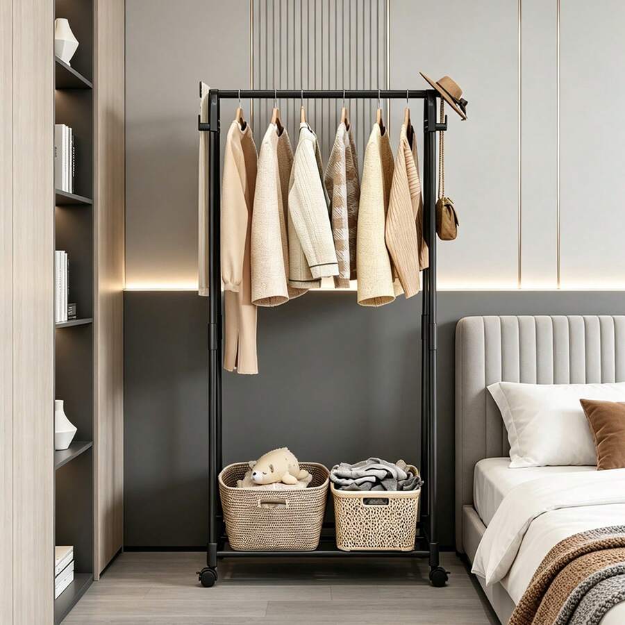 Thickened Sturdy Floor Drying Rack, Coat Rack With Universal Wheels Movable Clothes Rack, Bedroom With Storage Shelf, Strong Load-Bearing And Space-Saving - Single and Double Clothes Hangers - View 1