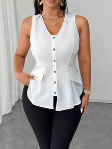 AQQ Estilos populares  2025 Blusa sin mangas con cuello en V, bolsillo decorativo y apertura frontal, elegante y versátil para uso diario, par - Marrón - Ver 5