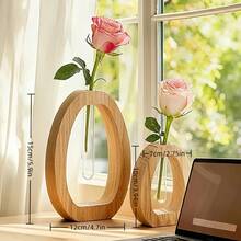 Oval Hollow Wooden Test Tube Vase, Minimalist Glass Tube Flower Arrangement Stand, Creative Home Desktop Decor Hydroponic Plant Vase, Suitable For Roses And Daisies - Multicolor - View 3