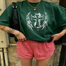 Heartfelt Daily Casual Graphic T-Shirt 100% Cotton Oversized Soft Breathable Casual Crewneck Short Sleeve Top Vintage Aesthetic Red Checkered Shorts Street Style Fashion Lovers Casual Wearers Daily Outfit Enthusiasts Gift Givers - 綠色 - 查看 18
