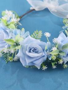 KOVLYNE 1pc Handmade Light Blue Rose Headpiece - Fresh Green Princess Party Flower Crown With Transparent Ribbon, Suitable For Bridal Wedding, Fairy Photography And Summer Occasions - Baby Blue - View 2