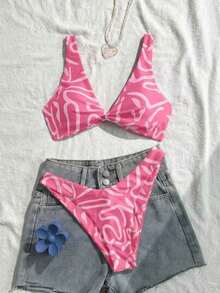 Conjunto de bikini de bandeau con estampado completo y nudo delantero, moda de verano para vacaciones en la playa para mujer - Rosa Pálido - Ver 1