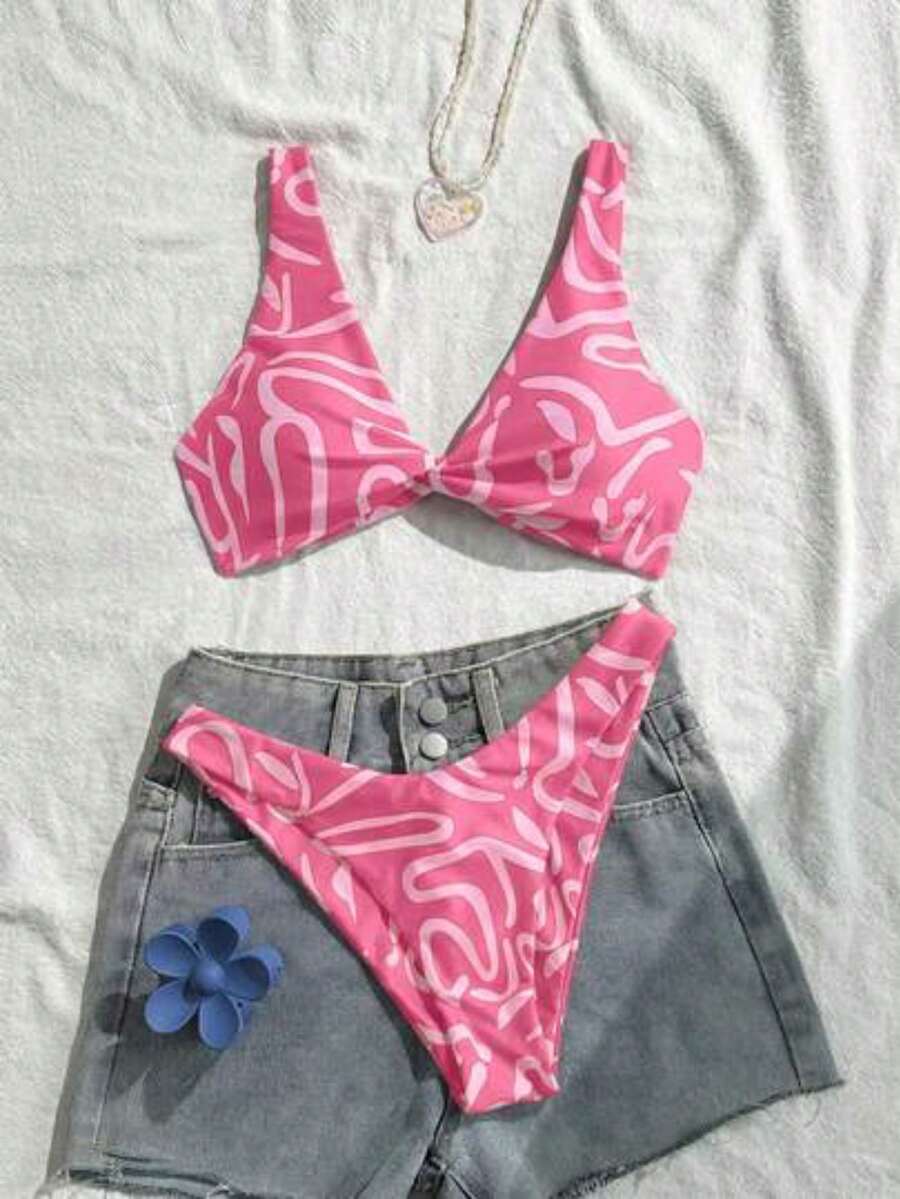 Conjunto de bikini de bandeau con estampado completo y nudo delantero, moda de verano para vacaciones en la playa para mujer - Rosa Pálido - Ver 1