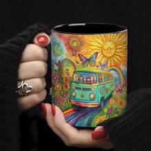 [Envío en 24 horas desde México]1 Taza de Café de Cerámica Estilo Retro Hippie - Diseño Impreso en Ambos Lados con Sol, Luna y Flores Vibrantes - Regalo Creativo para Cumpleaños, Pascua, Día de San Valentín, Accesorios para Cafetería - Imagen 1 pieza - Ver 3