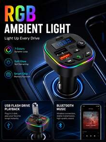 XF.Meraki 藍牙車充，RGB 氛圍燈，3 埠快充，USB-C 充電器，內建麥克風，適用音樂/通話/導航，藍牙 5.3 自動重連，雙藍牙/USB 模式，汽車配件 - FM藍牙發射器 - 查看 5