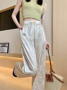 Women's New Chinese Style Jacquard Wide Leg Pants, High Waist Button Decor Straight Leg Trousers, Elegant Casual Black Pants - Apricot - View 2