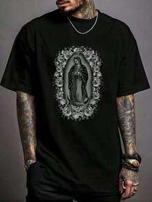 Nuestra camiseta con estampado de la Virgen de Guadalupe, camiseta casual de cuello redondo y manga corta, camiseta cómoda, camisetas vintage, camisetas gráficas para hombre, camisas para ho - Negro - Ver 1