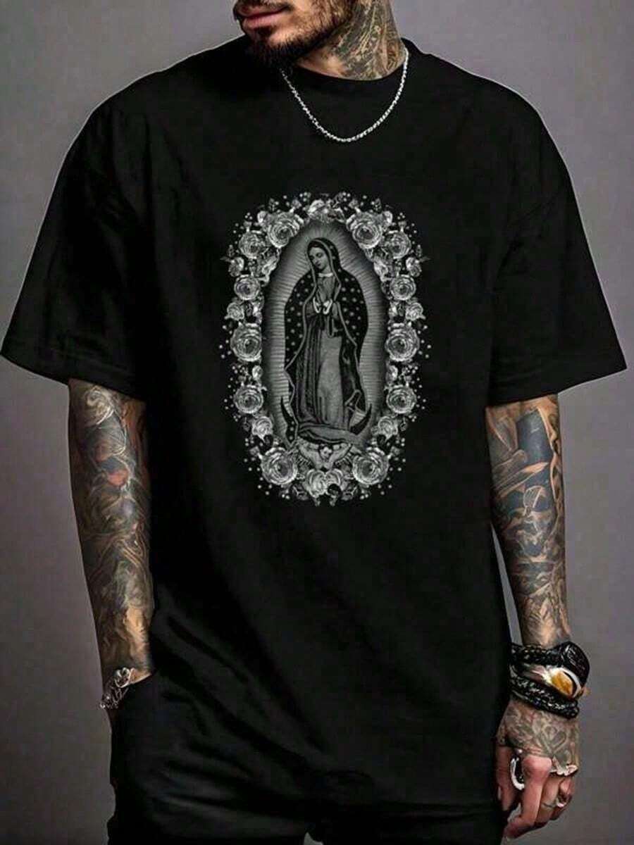 Nuestra camiseta con estampado de la Virgen de Guadalupe, camiseta casual de cuello redondo y manga corta, camiseta cómoda, camisetas vintage, camisetas gráficas para hombre, camisas para ho - Negro - Ver 1