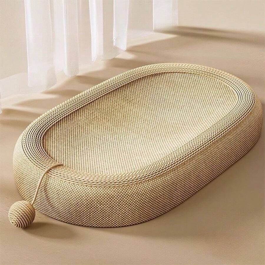 Giường cào móng mèo hình oval bằng sợi sisal, tấm cào móng mèo bền bỉ kèm đồ chơi bóng tương tác, giường nghỉ cào móng cho mèo trong nhà, thảm cào móng không bị tước sợi để nghỉ ngơi và cào móng