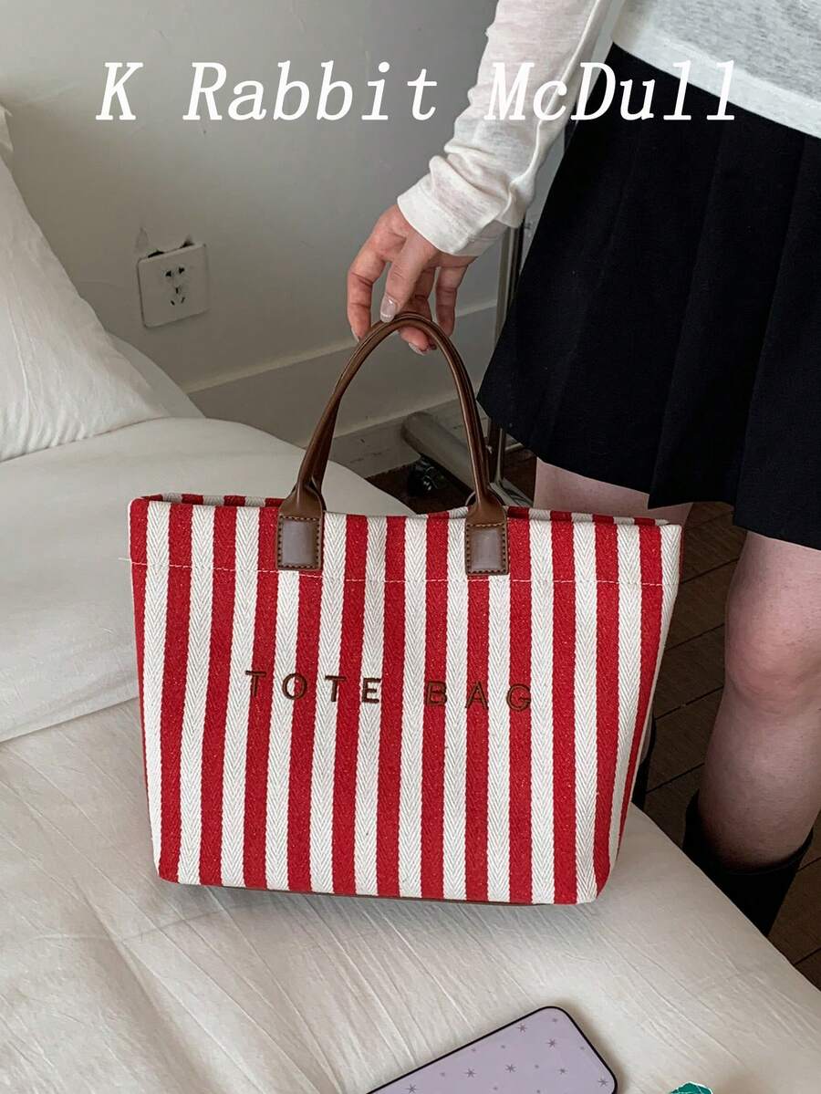 Nuevo bolso de mano con decoración de letras y rayas de gran capacidad, bolso tote multifuncional para el trabajo con asas dobles para mujeres, adecuado para ir al trabajo, vacaciones en la playa