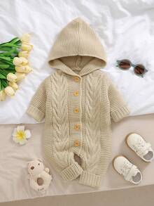 Autumn/Winter New Baby Infant Comfortable Soft Knitted Jumpsuit, Solid Color Hooded Design With Drawstring Detail, Casual Minimalist Jumpsuit, Warm And Fashionable For Daily Outings, Sweater Crawler Outfit Caring For Baby's Every Inch Of Skin - Khaki - View 3