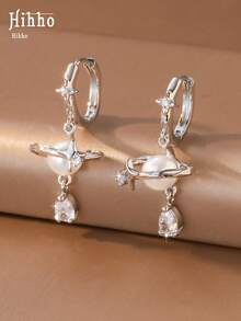 Hihho 1 Pair Luxury Style Romantic Dreamy Four-Pointed Star Zirconia Inlaid Pearl With Teardrop Zirconia Pendant Earrings, Suitable For Women's Daily Commute Wear - Star - View 6