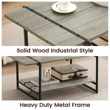 Hodeffior Industrial Coffee Table With 2 Tier Storage Shelf, Rustic Farmhouse Centre Table With Wood Slat Top And Metal Frame, Living Room Coffee Table For Lounge, Flat, Office Or Reception Area - Grey - View 7