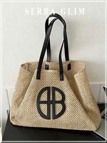 Summer Casual Beach Bag For Women Resort Style Woven Tote Bag Large Capacity Handbag Crochet Shoulder Bag Minimalist Straw Woven Bag Travel Essential - 彩色 - 查看 12
