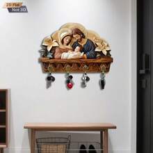 1pc Wooden Nativity Religious Theme Key Hook, Multi-Functional Hook With 4 New "HOME" Metal Hooks, Suitable For All Seasons Wall, Porch And Entryway Decoration - Multicolor - View 5