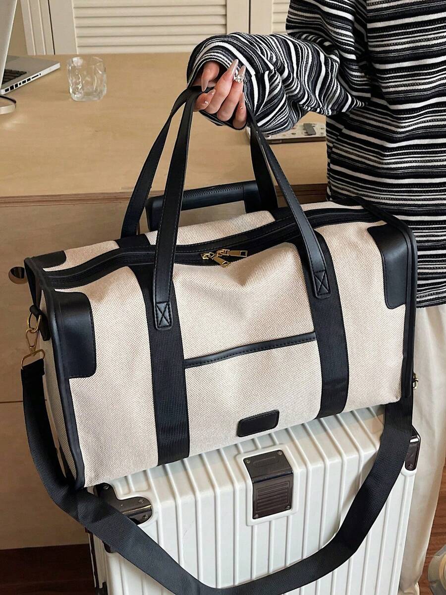 Bolsa de viaje de gran capacidad minimalista, bolso de hombro Boston de color de contraste de moda, bolsa de viaje negro-marrón con beige, maleta de equipaje