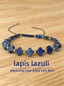 Lapis Lazuli Four-Leaf Clover Braided Bracelet, Wealth-Attracting, Luck, Harmony Adjustable Vintage Bohemian Holiday Gift Jewelry For Women Men - Multicolor - View 8