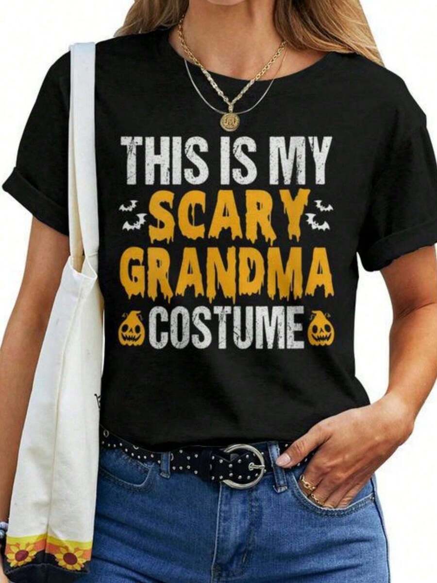 Este es mi disfraz de abuela aterradora Camiseta de mujer con cuello redondo de Halloween Abuela Mazezy DE-1