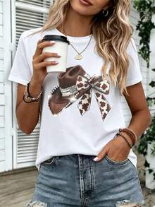Women's Western Denim Print Top | Round Neck, Loose & Comfortable, Versatile, Casual - Summer Clothing - White Top - White - View 6