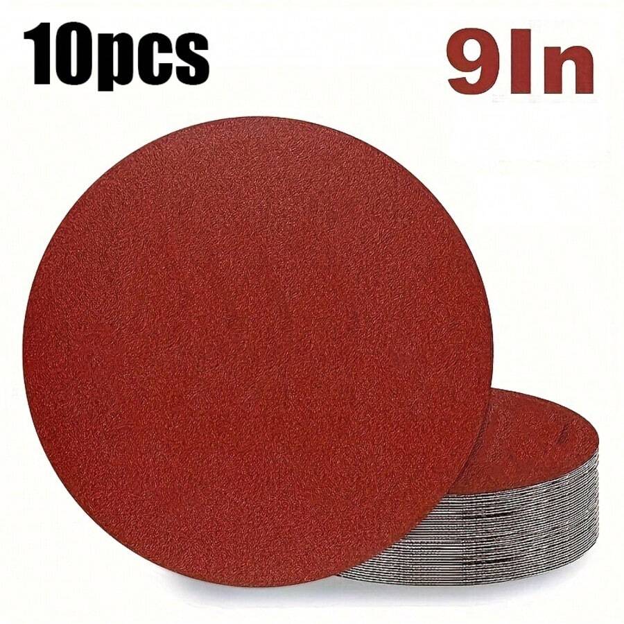 10pcs 9-Inch Holeless (225mm) Multi-Grit 60-600# Round Sandpaper - Suitable For Woodworking, Rust Removal And Polishing, Compatible With All 225mm Orbital Sanders, Furniture And Metal Treatment, Durable Abrasive Pads, Home Improvement Tool Accessories - Red - View 1