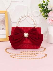 Red Tweed Bow Heart Rhinestone Mini Handbag, Faux Pearl Top Handle Chain Crossbody Bag, Wedding Evening Clutch Purse For - Red - View 4