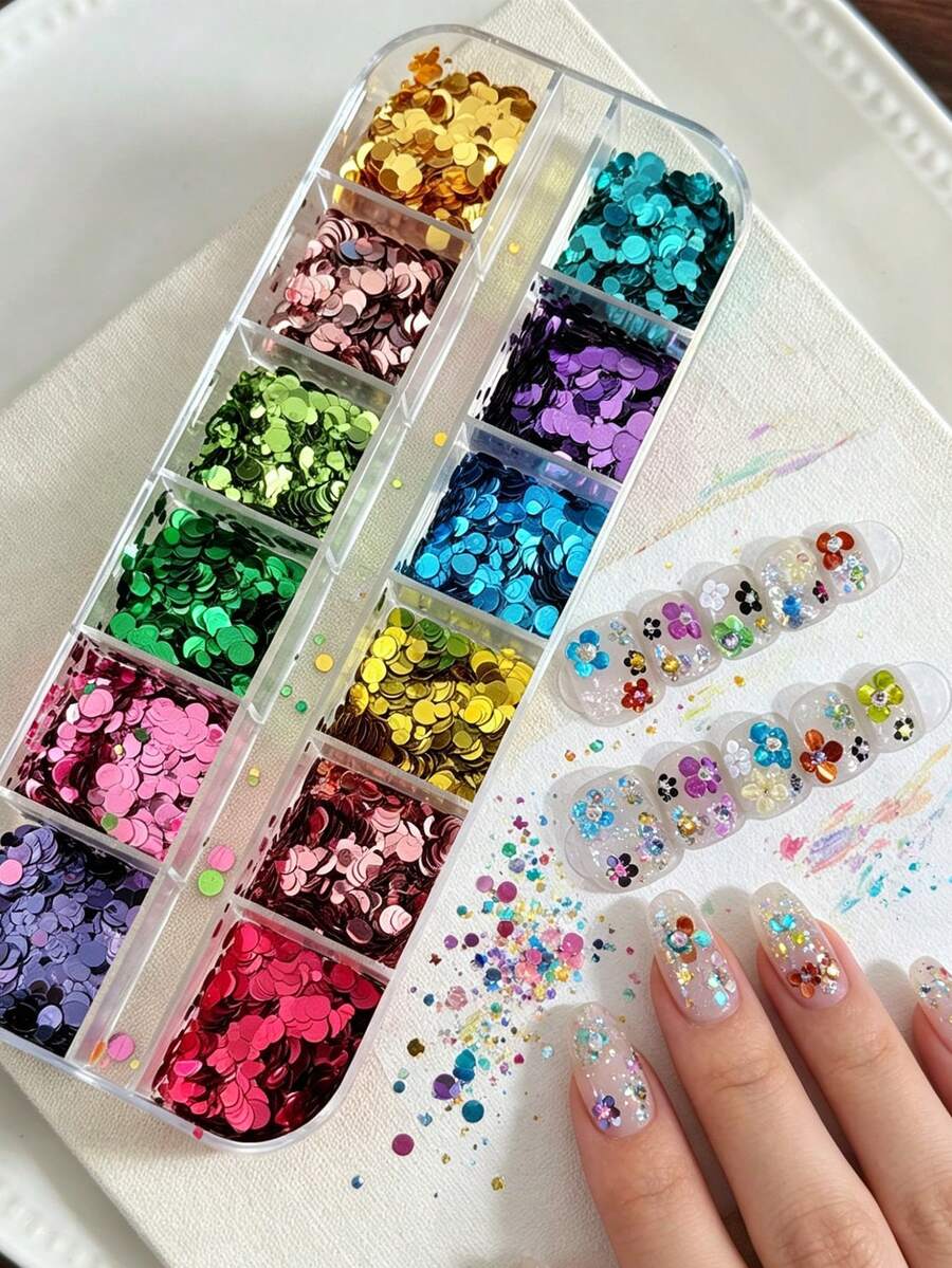 12格/盒圓點花卉美甲亮片 多色金屬閃亮亮片美甲飾品 DIY亮粉片美甲配件 Y2K夏季派對沙龍居家美甲裝飾 女士女孩適用