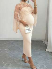 2pcs Maternity Dress Set, Champagne Lace Shawl Fitted Bodycon Midi Dress, Slimming Elegant Elegant Pregnancy Party Date Fitted Long Dress Summer - Apricot - View 5