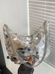 1pc Gold New Style PVC Sequin Crescent Moon Bag Women's Shoulder Bag Chain Shoulder Bag Dumpling Bag Metal Chain - Multicolor - View 3
