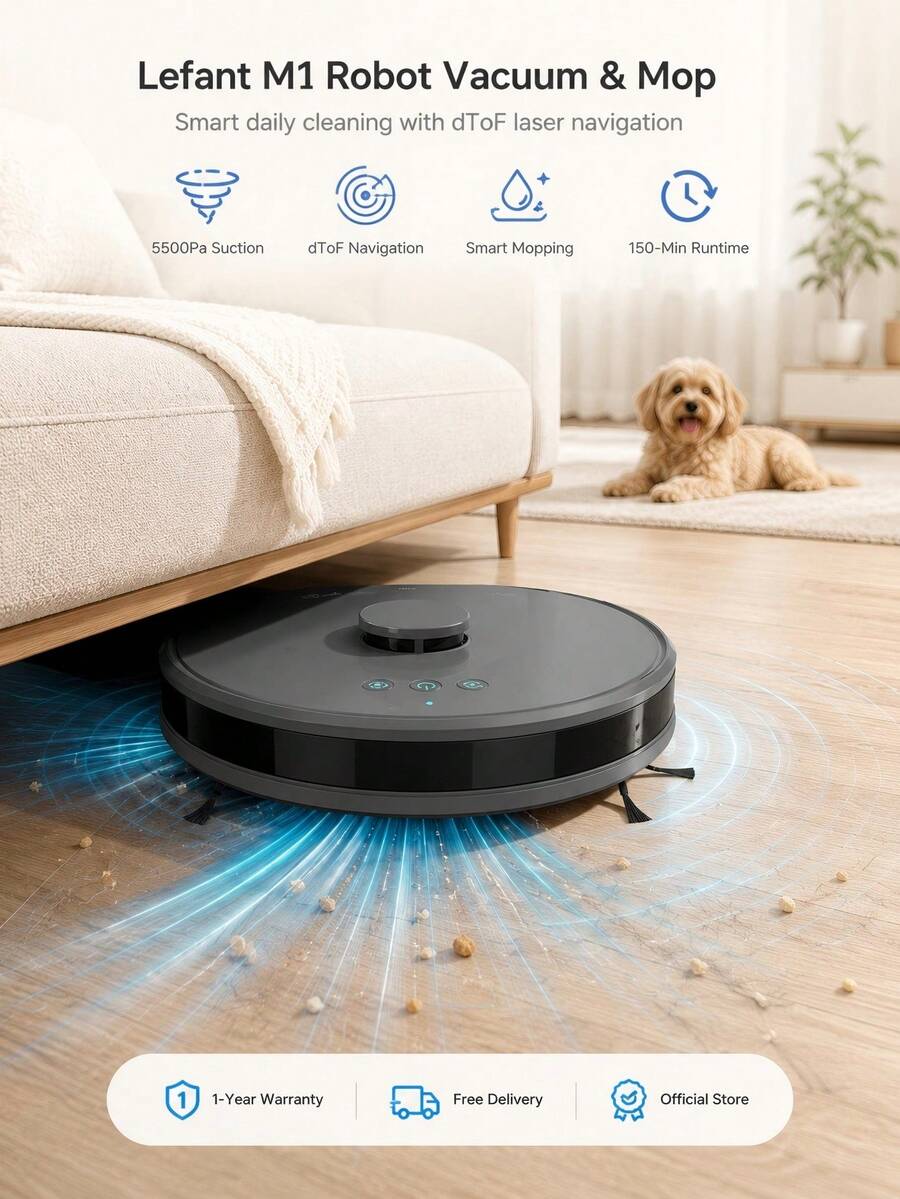Lefant M1 Robot Vacuum & Mop, 5500Pa Suction, Slim Body, DToF Navigation, 150-Min Runtime, App & Voice Control