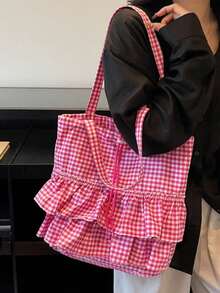 可客製文字美學休閒大容量格紋托特包，適合上學與通勤，甜美女款腋下單肩包，可愛大學風帆布包，韓系百搭荷葉邊流蘇下擺時尚格紋托特包，大容量小眾個性休閒單肩包，適合購物、通勤、度假、旅行 - 彩色 - 查看 5