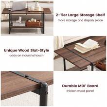 Hodeffior Industrial Coffee Table With 2 Tier Storage Shelf, Rustic Farmhouse Centre Table With Wood Slat Top And Metal Frame, Living Room Coffee Table For Lounge, Flat, Office Or Reception Area - Walnut - View 7