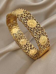 Ensemble de bracelets joncs vintage dorés ajourés avec portrait de pièce, pour femmes, bijoux en acier inoxydable, cadeau bohème d'été pour maman, pour le quotidien, les fêtes, les anniversaires et la Saint-Valentin - Multicolore - Voir 3