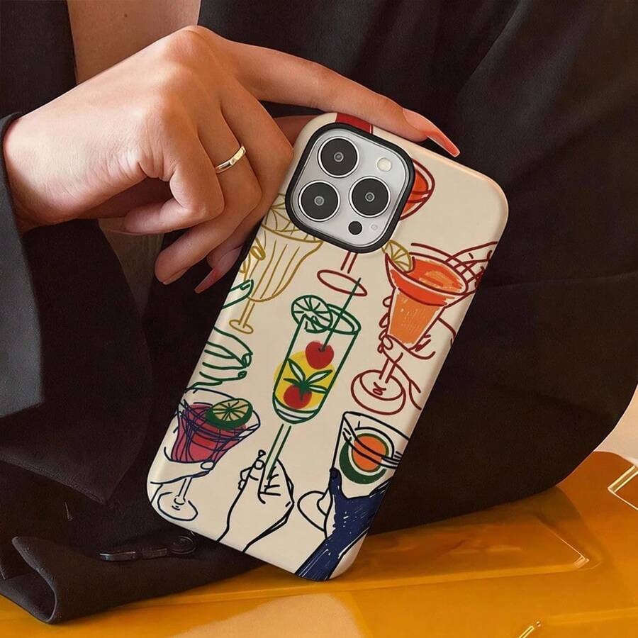 Funda de teléfono con diseño de cóctel para iPhone 16 Pro Max, 15, 14, 12 Mini, 7 Plus, XR, 2 en 1, duradera y brillante KFE6 - tg151-negro - Ver 1