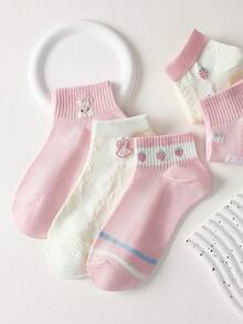 5 pares de calcetines tobilleros para mujer con lindo estampado de fresa, conejo y corazón, cómodos y suaves, absorbentes de sudor y transpirables, adecuados para uso diario, deportes y todas las estaciones - Multicolor - Ver 5