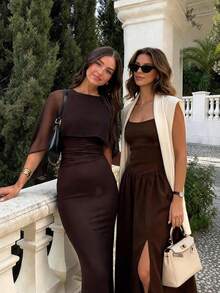 Brown Romantic Elegant Fashion Chiffon Poncho Design Knitted Ruched Mermaid Maxi Dress, Teardrop Button Back, Suitable For Spring/Summer Dates & Gatherings - Brown - View 10