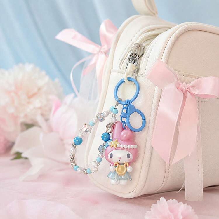 Miniso 2款 MINSO 三麗鷗 Kuromi My Melody 可愛美人魚海洋音樂會 3D公仔鑰匙圈，日系可愛貝殼串珠手腕掛繩鑰匙環，夏季泳池派對小禮物，美學海灘度假後背包錢包吊飾 - Pink - 查看 2