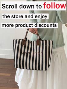 New Large Capacity Letter Decor Stripes Handbag, Multifunctional Commuter Tote Bag With Dual Handles For Women, Suitable For Commute,Beach Vacation - Black and White - View 12