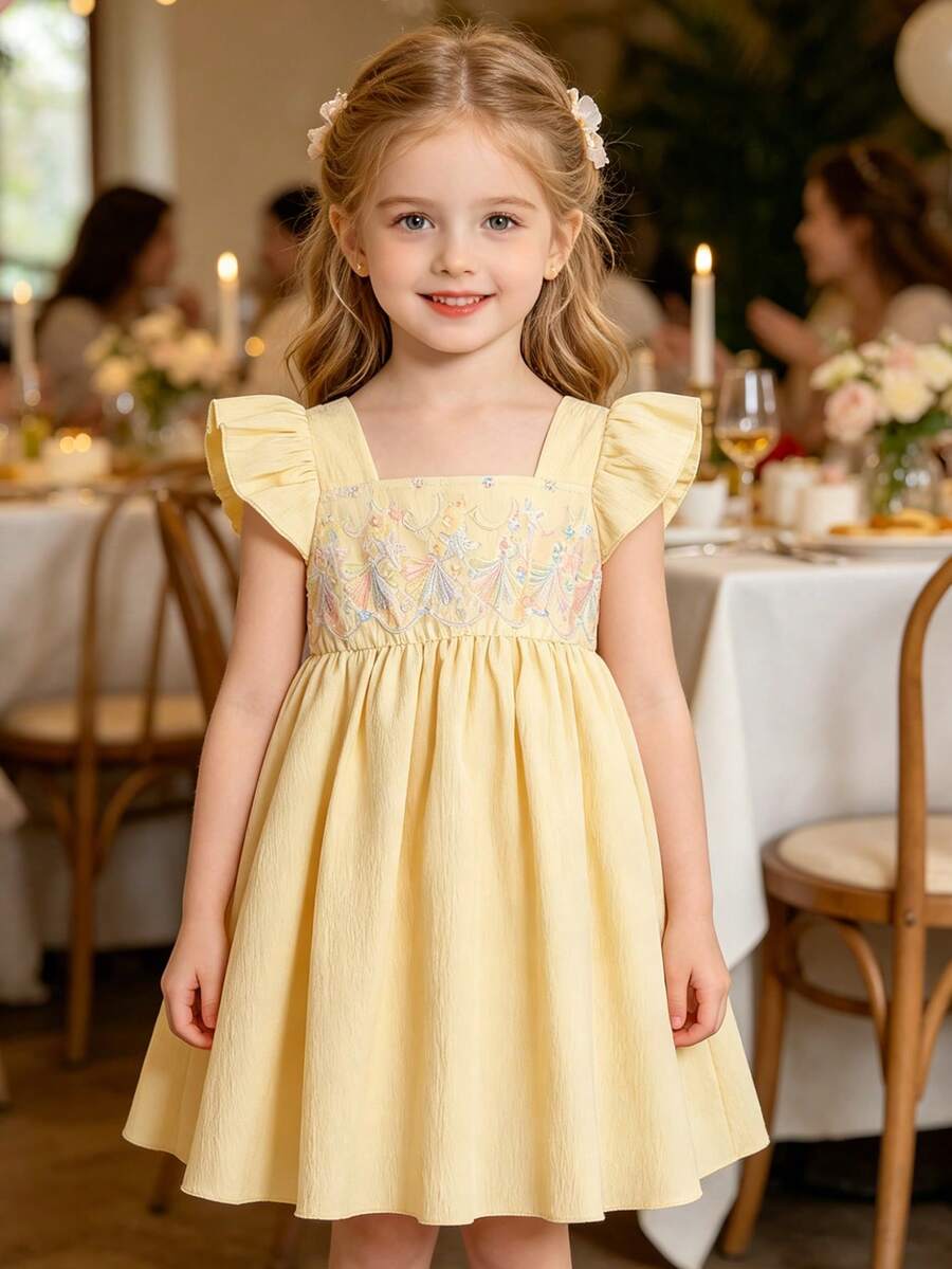 Vestido de Princesa Doce e Fofo para Meninas com Mangas Curtas Volumosas, Patchwork de Tule, Bordado, Cintura Marcada e Saia Rodada, Vestido de Festa de Férias de Verão - Amarelo - Visão 1