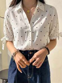 New Spring/Summer Dopamine Color Cute Peter Pan Collar Puff Long Sleeve Shirt Top For Women, Polka Dot, Suitable For Outings - White - View 3